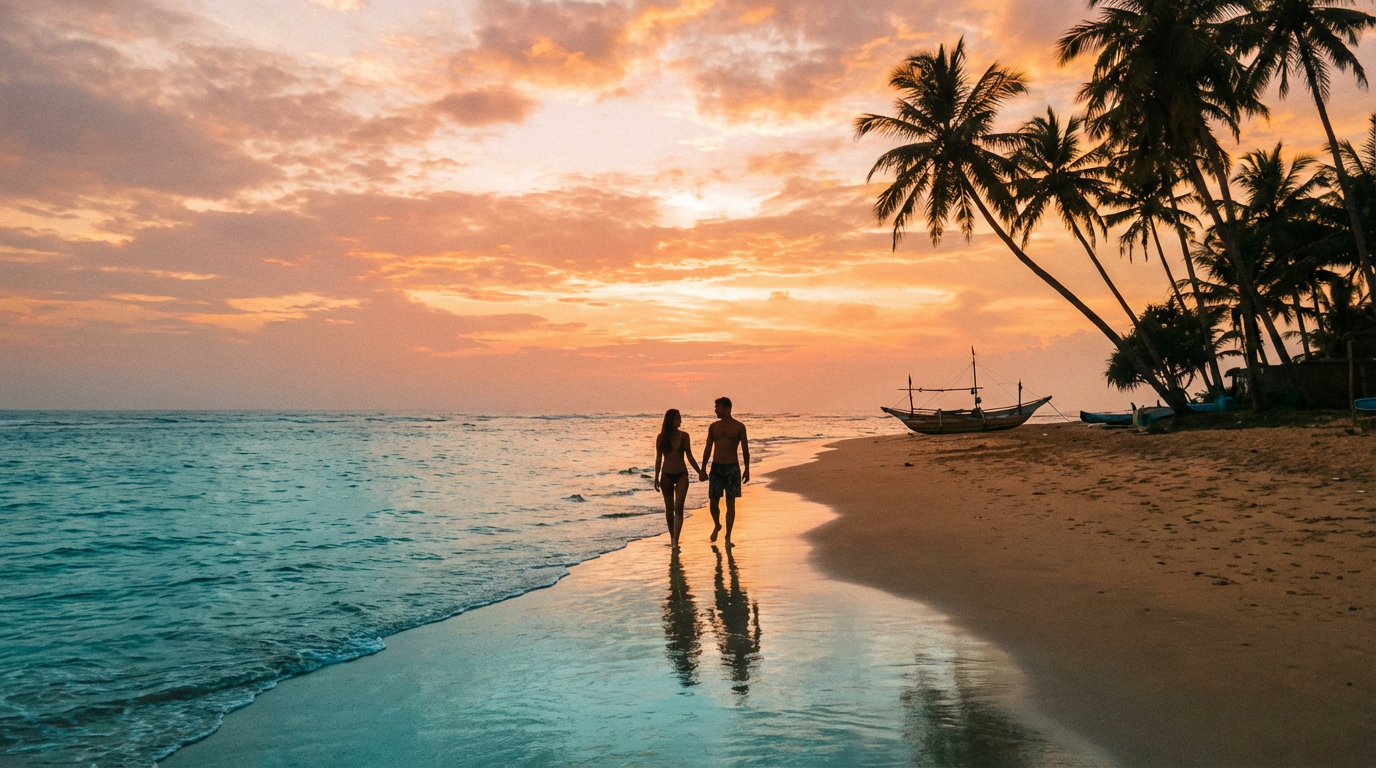 Romantic couple walking hand-in-hand along a sunset beach in Sri Lanka