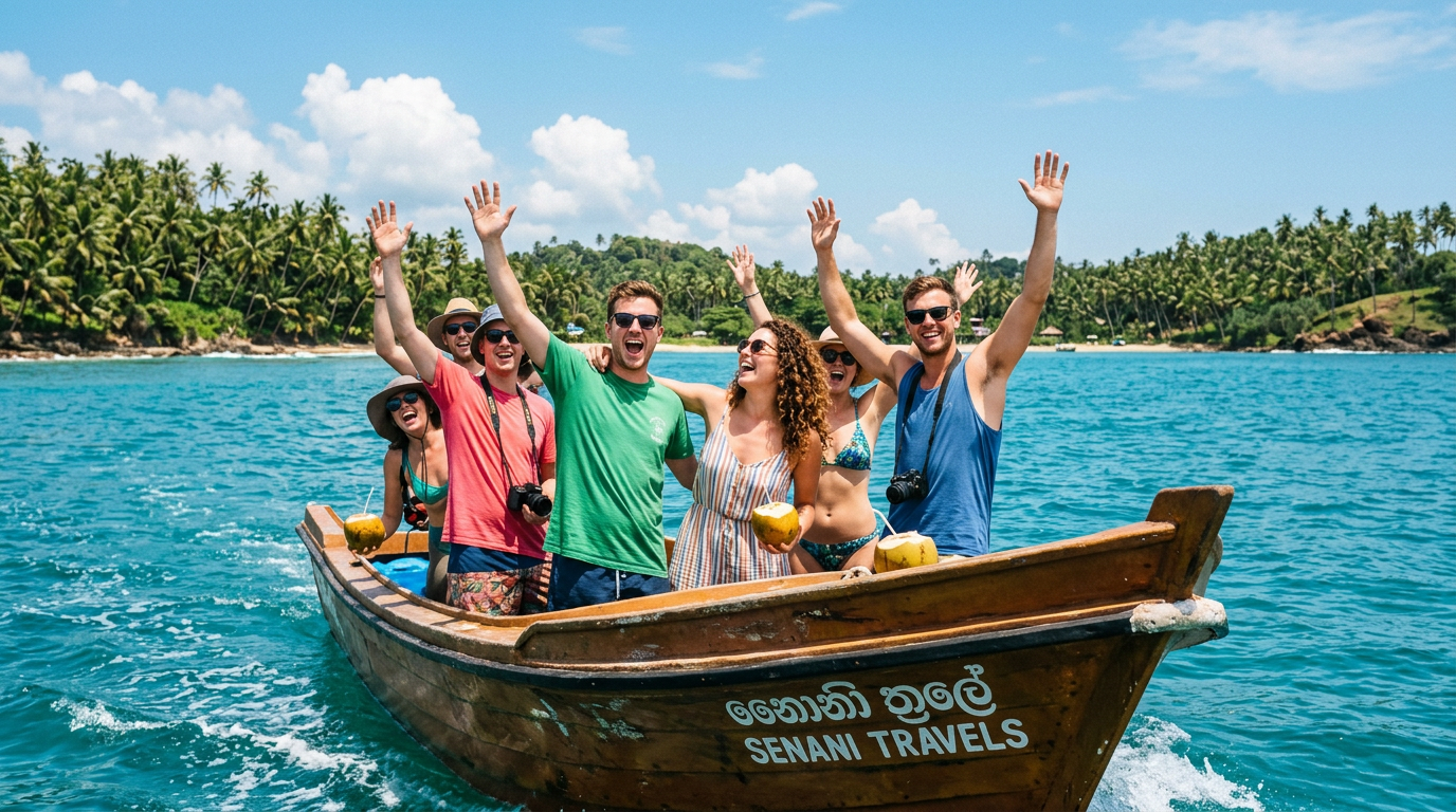 Group of friends celebrating on a traditional boat trip along the Sri Lanka coast