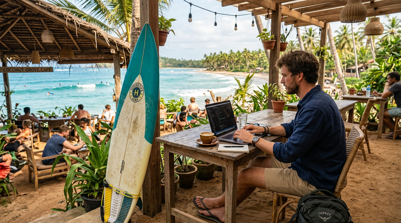 Digital nomad working on a laptop at a beachside cafe in southern Sri Lanka