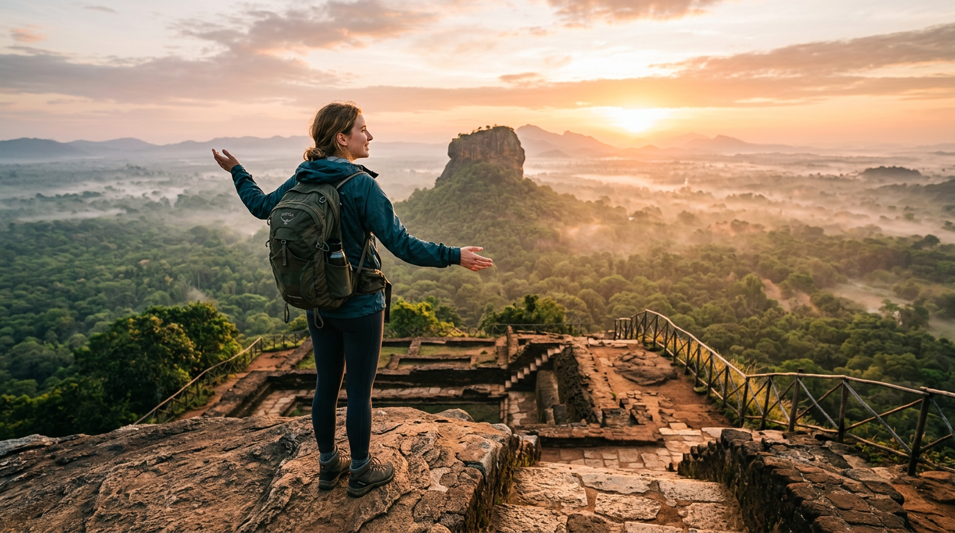 Solo female traveler watching sunrise from Sigiriya rock fortress